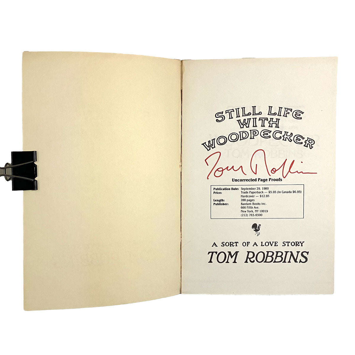 Still Life with Woodpecker by Tom Robbins, signed ARC